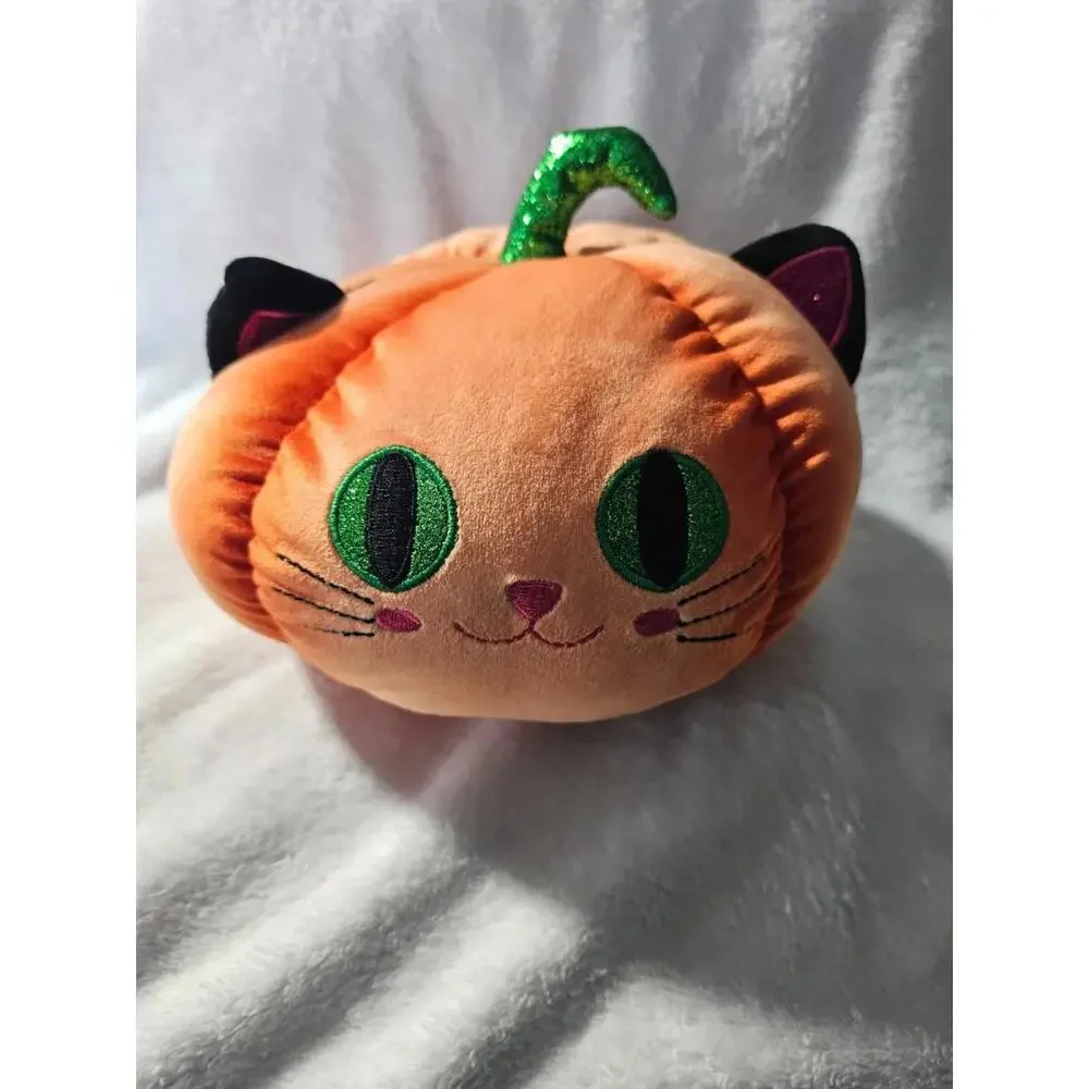 Hug Fun Kitty Cat Pumpkin Plush Toy Shiny Green Eyes Halloween Fall Decor 6" - Picture 1 of 10